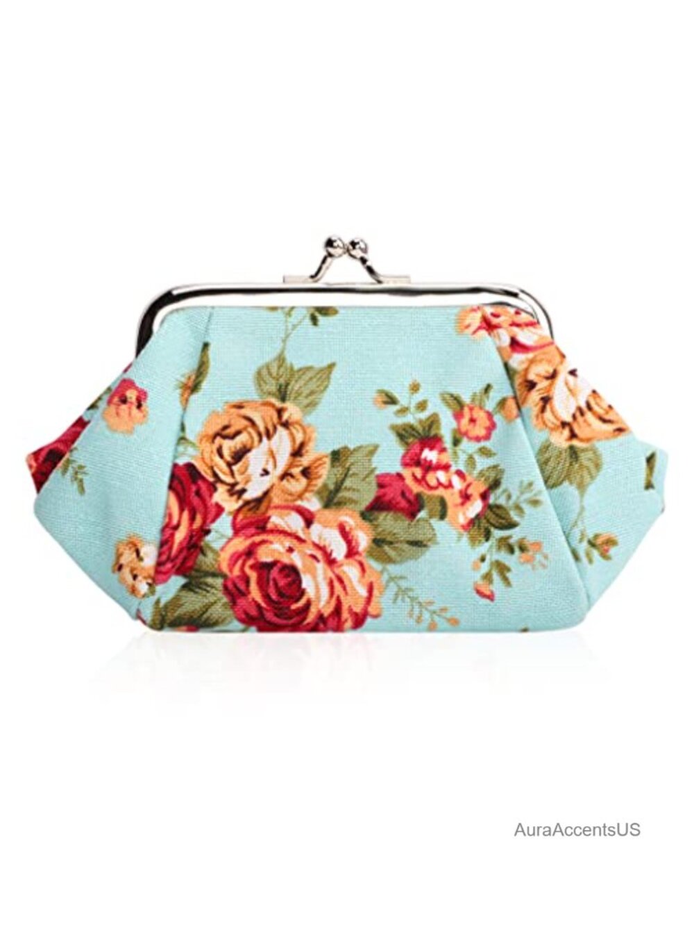 Vintage Canvas Coin Purse with Kiss-Lock Clasp Floral Clutch Wristlet